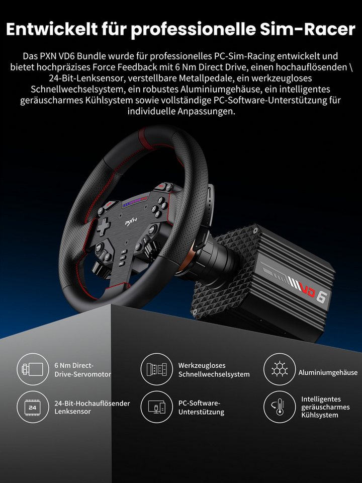 PXN VD6 Bundle Direct-Drive-Sim-Rennlenkrad-Set Gaming-Lenkrad (6Nm Force Feedback Servo 24-Bit Hall-Pedale Quick Release PC) – Bild 3 von 5