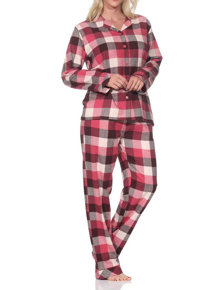 Normann Pyjama Normann Damen Flanell Schlafanzug lang mit Knopfleiste und Hemdkragen – Bild 2 von 3