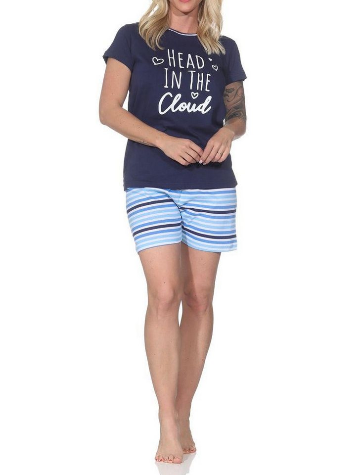 Normann Pyjama Normann Damen Schlafanzug Shorty kurzarm mit gestreifter Pyjamahose – Bild 2 von 5