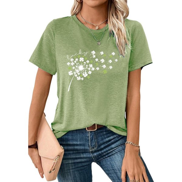 PYLIKE Kurzarmbluse Bequemes Shirt Damen Kurzarm Basic-Shirt mit Löwenzahn Print Bequem für Freizeit und Büro,Strandurlaub