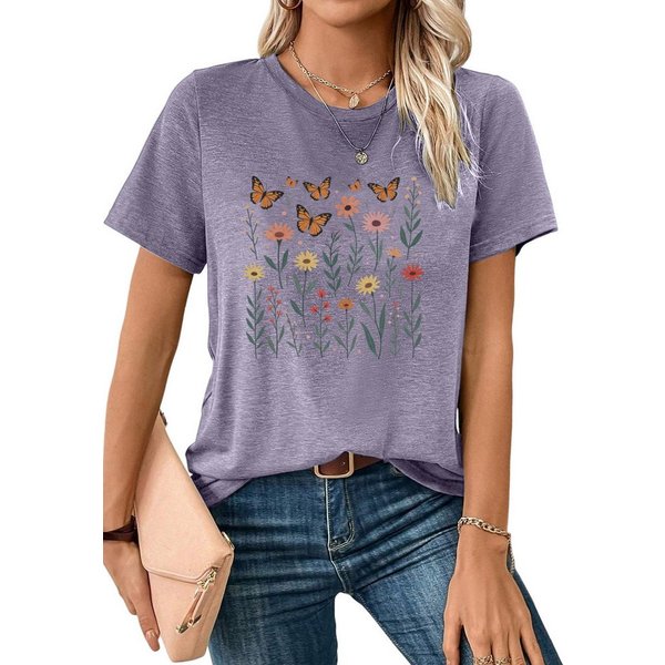 PYLIKE Kurzarmbluse Damen Sommer Casual bequemes T-Shirt mit Schmetterling Print Shirts