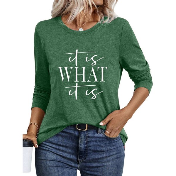 PYLIKE Longsleeve Damen bequemes Basic Rundhalsshirt mit Brief Print Langarmshirt Geeignet für den täglichen Gebrauch im Büro und zu Hause
