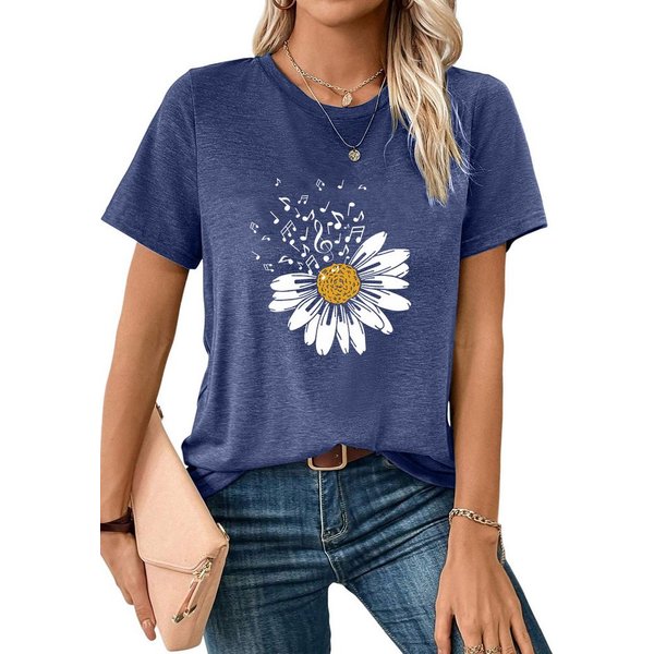 PYLIKE Print-Shirt Bequemes Shirt Damen Kurzarm Basic-Shirt mit Gänseblümchen Print Bequem für Freizeit und Büro,Strandurlaub