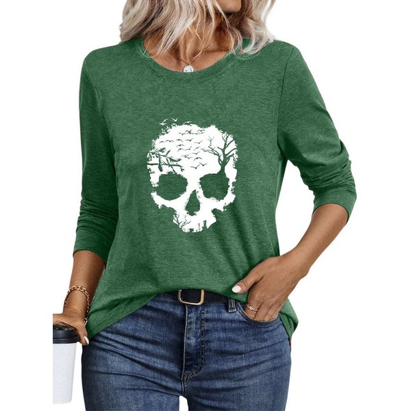 PYLIKE Rundhalsshirt Damen bequemes Winter Longsleeve Basic Tops mit Schädel Print Geeignet für den täglichen Gebrauch im Büro und zu Hause