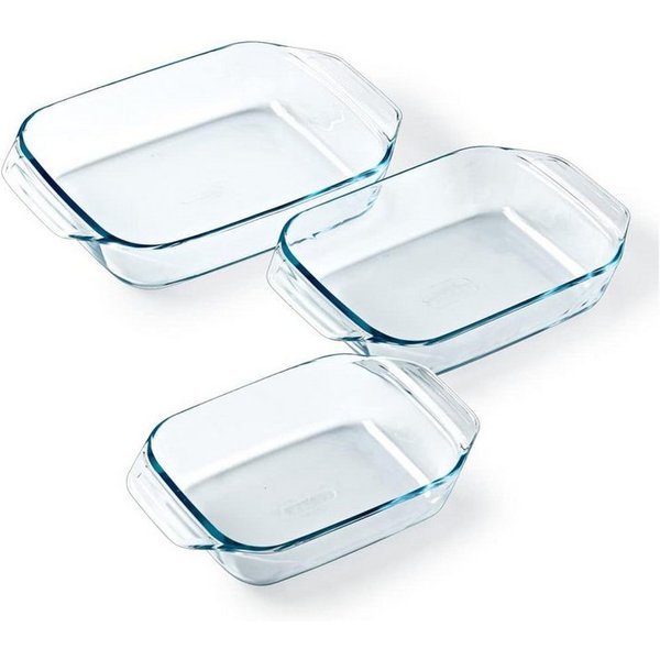 PYREX Auflaufform Let's Share Auflaufformen-Set rechteckig, 1,4/2/3 l, Borosilikatglas, (3-St), Made in France, stapelbar, hitzebeständig