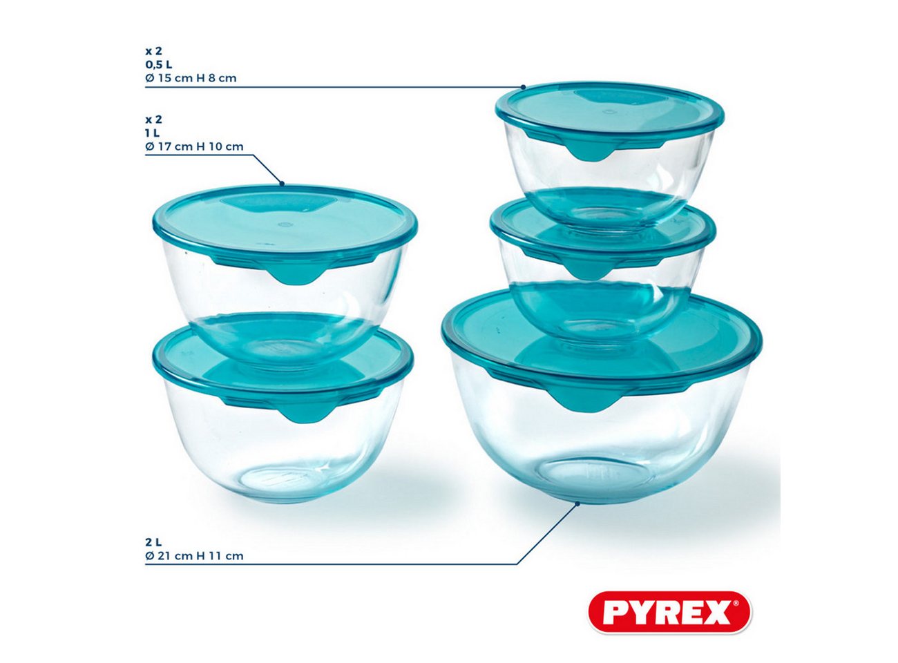 PYREX Frischhaltedose Cook & Enjoy, Borosilikatglas, (Schüssel-Set, 5-tlg., 0,5/1/2,3 l), luftdicht, stapelbar, mikrowellengeeignet – Bild 4 von 5