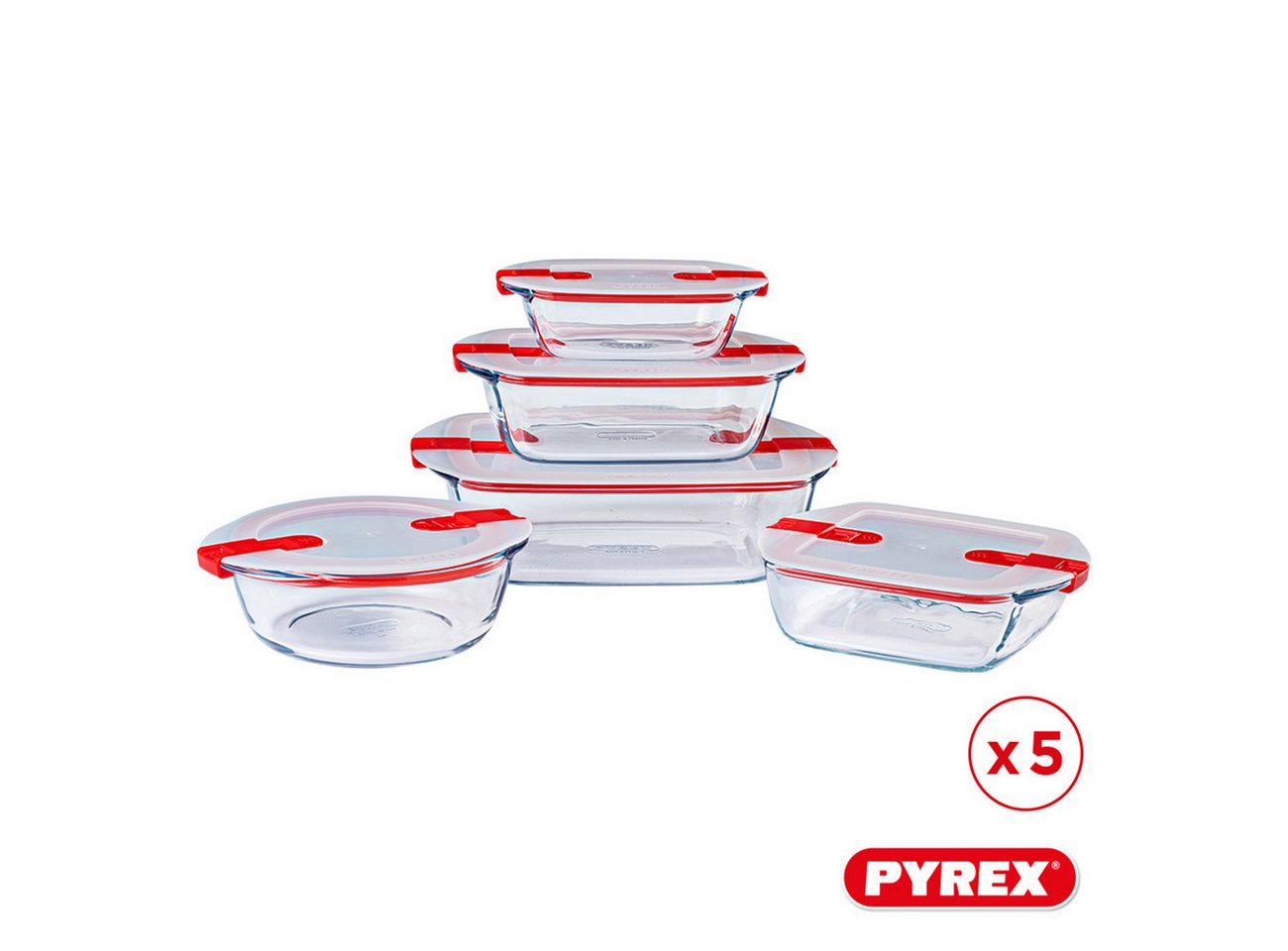 PYREX Frischhaltedose Cook & Heat, Borosilikatglas, (Frischhaltedosen-Set, 5-tlg., rund, quadratisch & rechteckig, 0,3–2,5 l), mit Ventil, luftdicht, auslaufsic – Bild 2 von 5