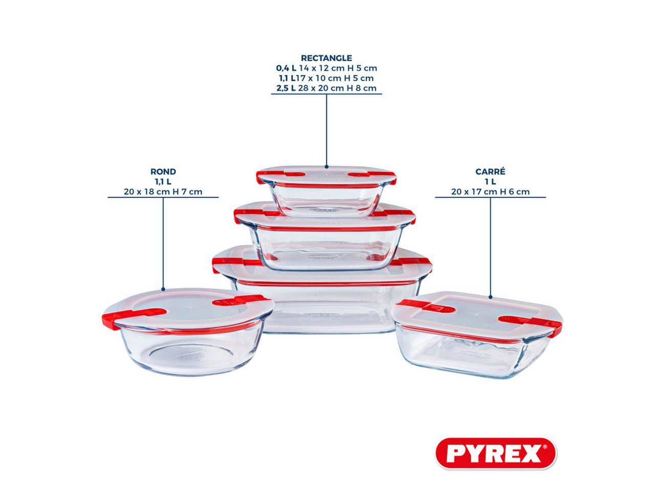 PYREX Frischhaltedose Cook & Heat, Borosilikatglas, (Frischhaltedosen-Set, 5-tlg., rund, quadratisch & rechteckig, 0,3–2,5 l), mit Ventil, luftdicht, auslaufsic – Bild 4 von 5