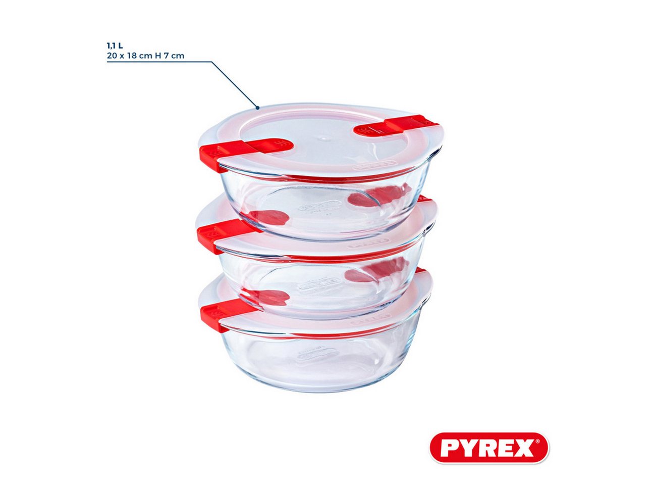 PYREX Frischhaltedose Cook & Heat, Borosilikatglas, (Lunchbox-Set, 3-tlg., rund, je 1 l), mit Ventil, auslaufsicher, mikrowellengeeignet – Bild 3 von 5