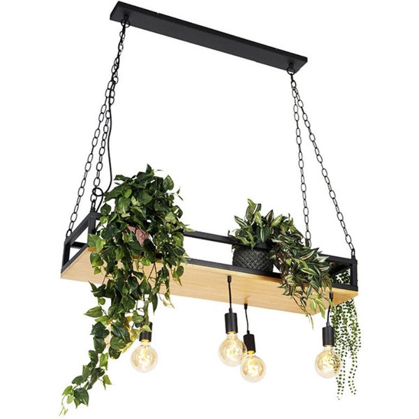 Qazqa Pendelleuchte Shelf, ohne Leuchtmittel, Warmweiß, QAZQA Hängeleuchte, e27, Schwarz, Holz, Industrie