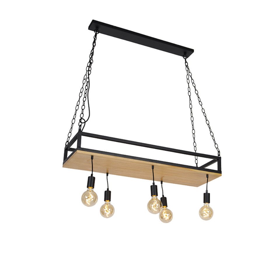 Qazqa Pendelleuchte Shelf, ohne Leuchtmittel, Warmweiß, QAZQA Hängeleuchte, e27, Schwarz, Holz, Industrie – Bild 4 von 5