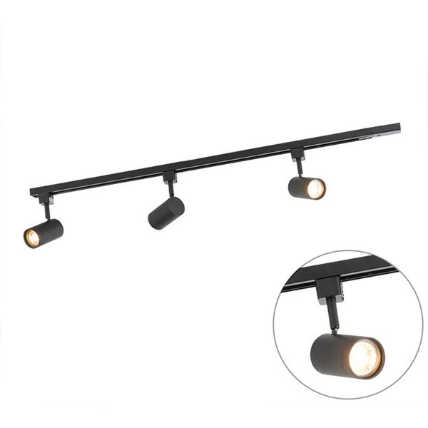 Qazqa Schienensystem-Sets Jeana, ohne Leuchtmittel, GU10, Schwarz, Modern, Stahl, Deckenstrahler 3-flammig