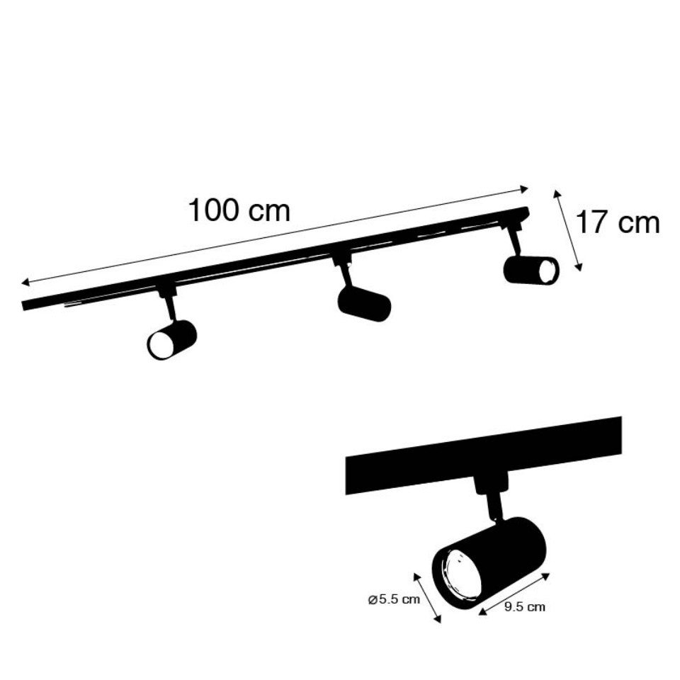 Qazqa Schienensystem-Sets Jeana, ohne Leuchtmittel, GU10, Schwarz, Modern, Stahl, Deckenstrahler 3-flammig – Bild 3 von 5
