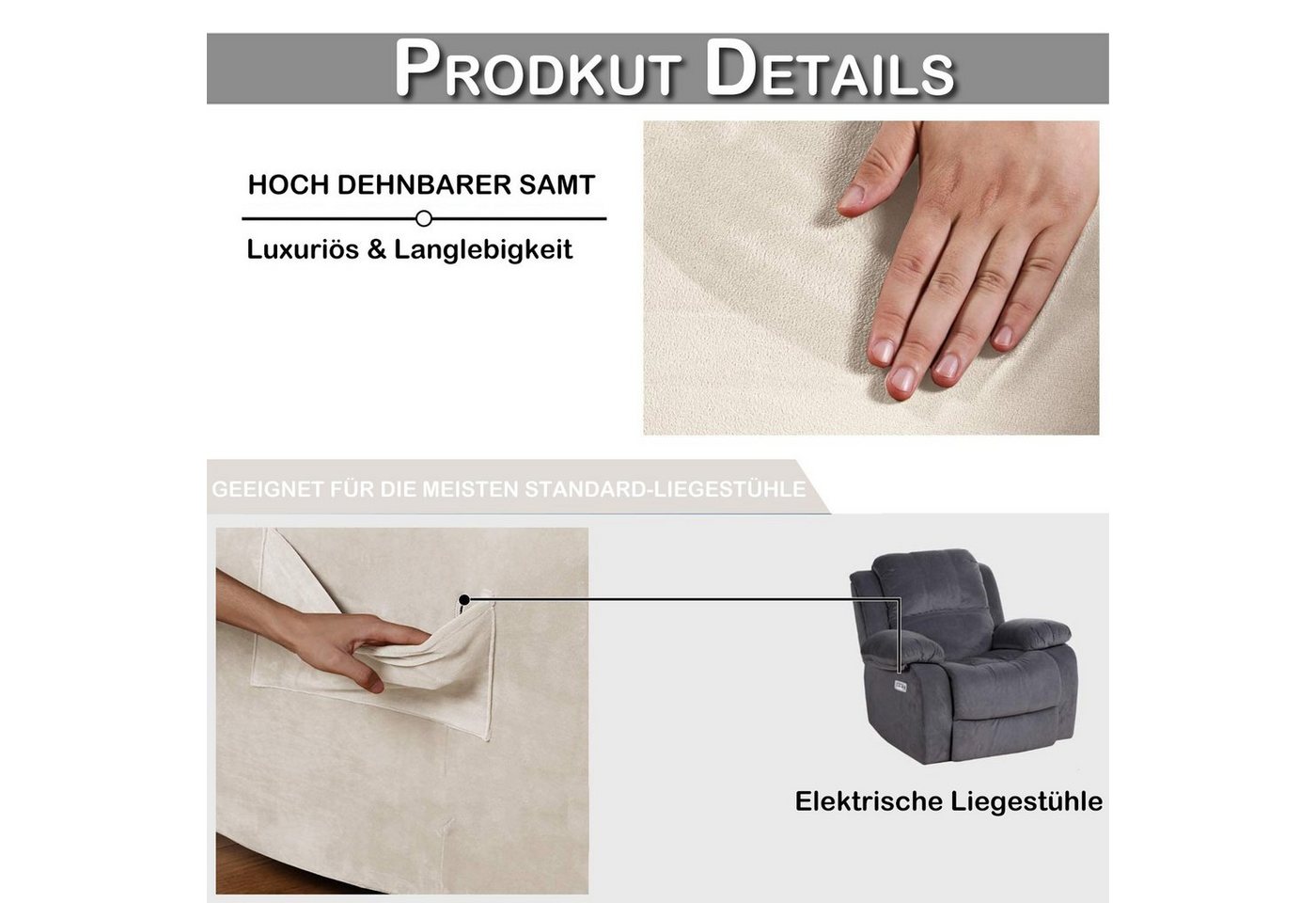 Qelus Relaxsesselhusse Samt Strecken Sesselschoner,Sessel überzug für Relaxsessel 1 Stück, Elastisch,Waschbar,Seitentaschen-Design,Sesselschoner Mit Armlehne – Bild 3 von 5