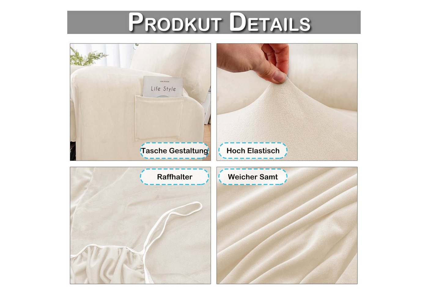 Qelus Relaxsesselhusse Samt Strecken Sesselschoner,Sessel überzug für Relaxsessel 1 Stück, Elastisch,Waschbar,Seitentaschen-Design,Sesselschoner Mit Armlehne – Bild 5 von 5