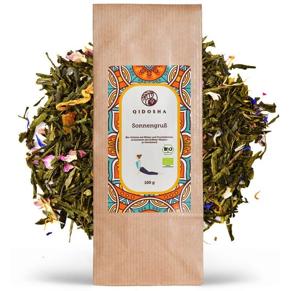 QIDOSHA BIO-Grüntee Sonnengruß Loser Tee, 100 g, Aromatisierter Bio-Grüntee mit Blüten und Früchten