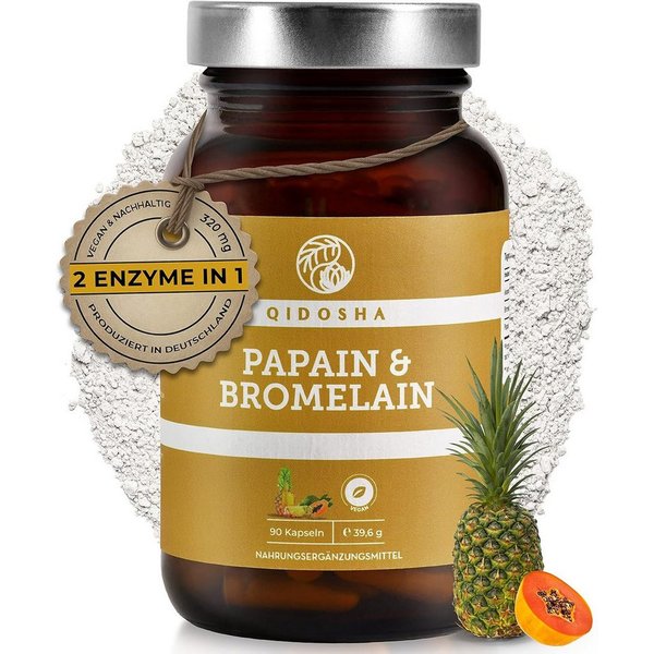 QIDOSHA Papain & Bromelain im Glas Kapseln, 1 er 90 St., 40 g, Magensaftresistente Kapseln