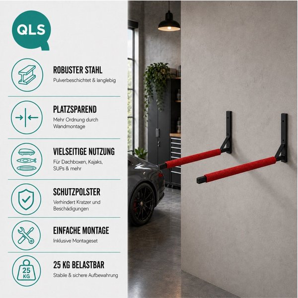 QLS Dachbox-Halterung WSB, (bis 32,50 Zoll, Set, aus Stahl mit Schaum Puffer, für Dachkoffer Gartengeräte Skibox Sportgeräte Surfbrett iSUP)
