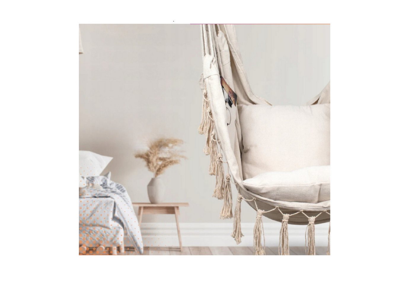 QLS Hängesessel Boho-Stil 130x100 cm, mit 2 Kissen Hängestuhl bis 200 kg beige – Bild 2 von 5
