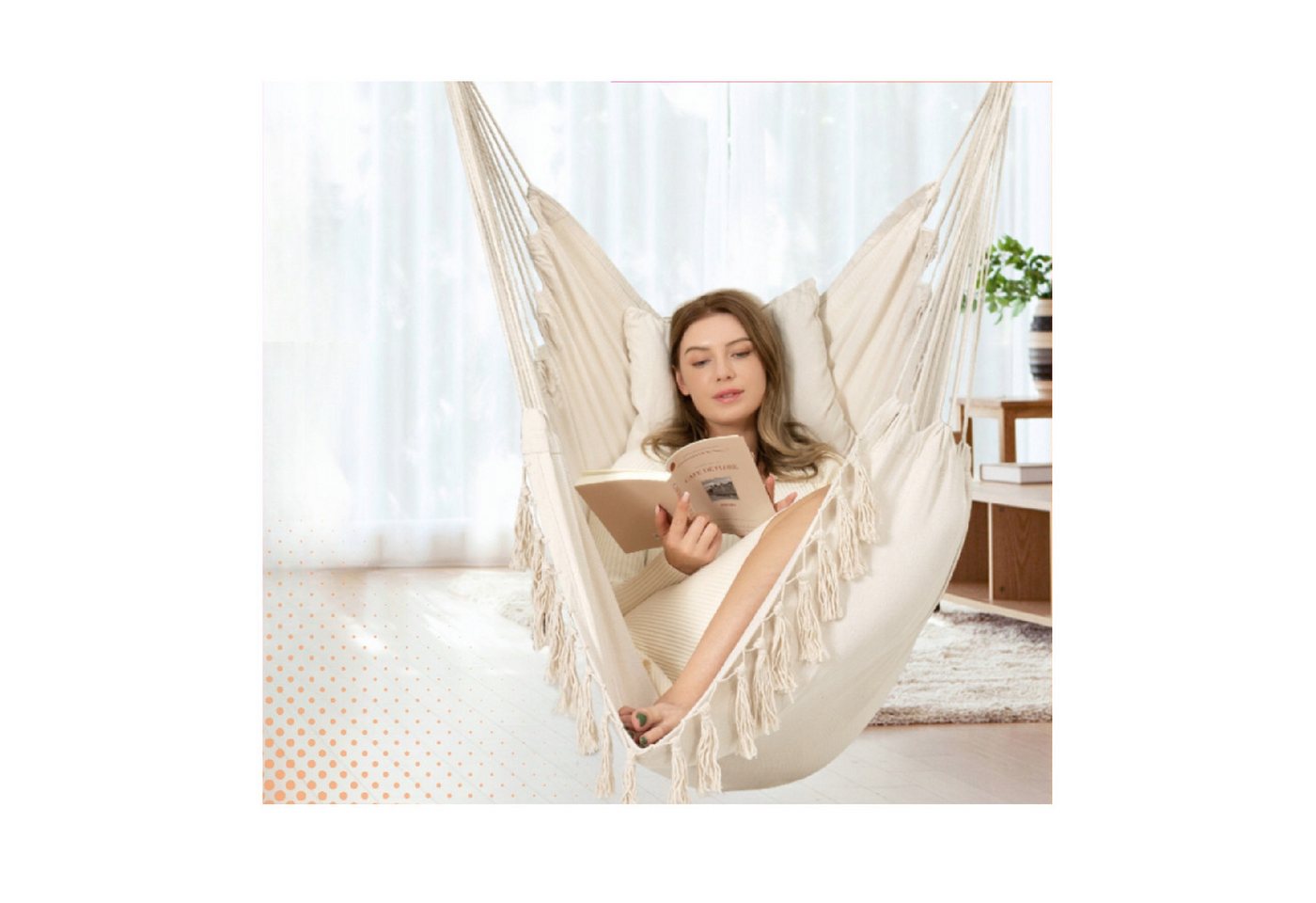 QLS Hängesessel Boho-Stil 130x100 cm, mit 2 Kissen Hängestuhl bis 200 kg beige – Bild 4 von 5