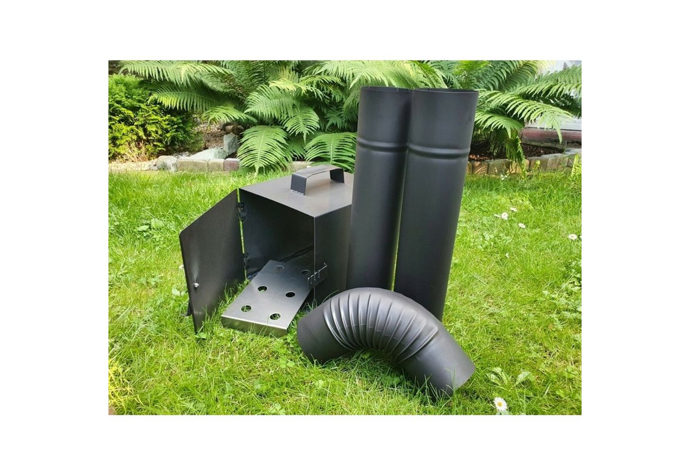 QLS Räucherofen Feuerstelle, Set, 1x Feuerstelle, 2x Rohr, 1x Rohrbogen, Räuchereiset Rohre Rohrbogen Grillen Räuchern Garten Set – Bild 2 von 5