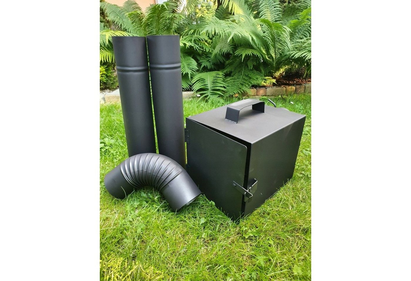 QLS Räucherofen Feuerstelle, Set, 1x Feuerstelle, 2x Rohr, 1x Rohrbogen, Räuchereiset Rohre Rohrbogen Grillen Räuchern Garten Set – Bild 3 von 5