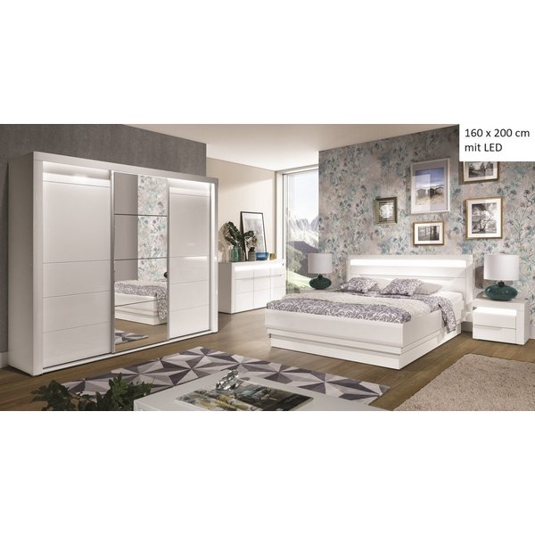 QMM TraumMöbel Schlafzimmer-Set Schlafzimmer komplett Iris Set C 160x200 / 180x200 LED, (Set, 4-tlg., Schiebetürschrank mit LED, Doppelbett 160/180x200, 2 Nacht