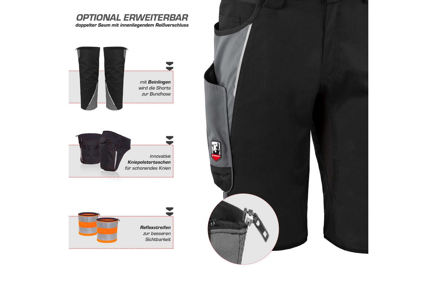 Qualitex Workwear Arbeitsshorts ZIP-ON-BUNDLE IRON Shorts + Beinlinge aus Lyocell, Cordura & Stretch (2-tlg) modern kurze Arbeitshose - 13 Taschen - Strapazierf – Bild 4 von 5