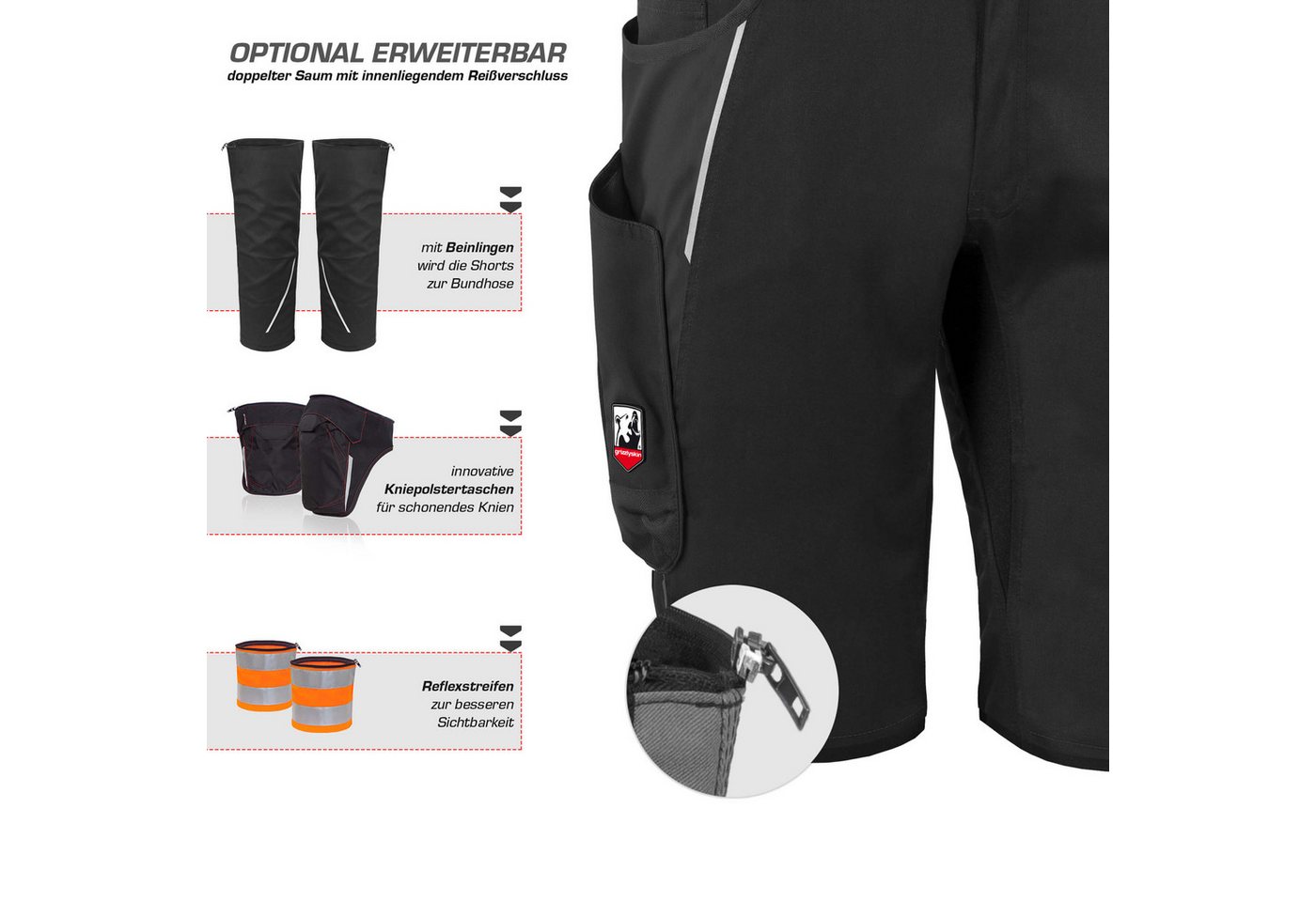 Qualitex Workwear Arbeitsshorts ZIP-ON-BUNDLE IRON Shorts + Beinlinge aus Lyocell, Cordura & Stretch (2-tlg) modern kurze Arbeitshose - 13 Taschen - Strapazierf – Bild 4 von 5