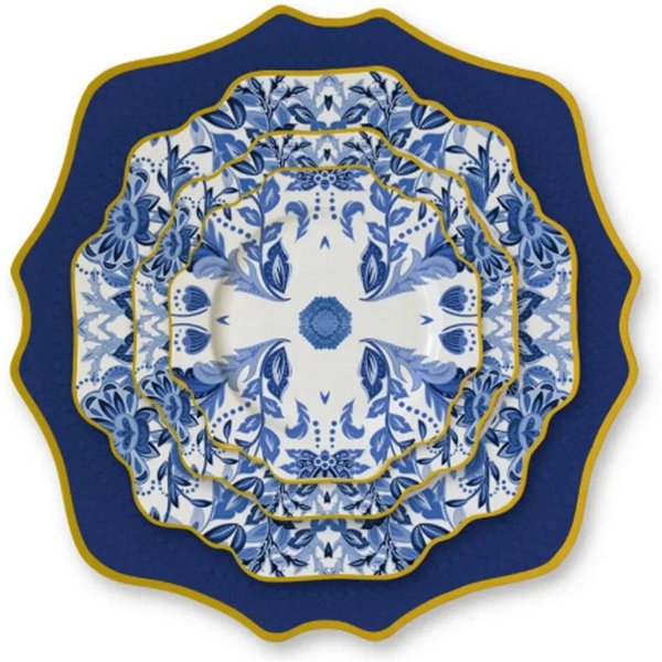 Quality Elegance Teller-Set Exquisites Luxus Blau Blumengeschirr mit Goldrand (4-tlg)