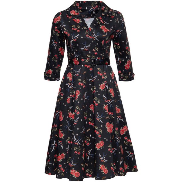 QueenKerosin Hemdblusenkleid cherries & roses Allover-Print mit Schwalben, Rosen und Kirschen