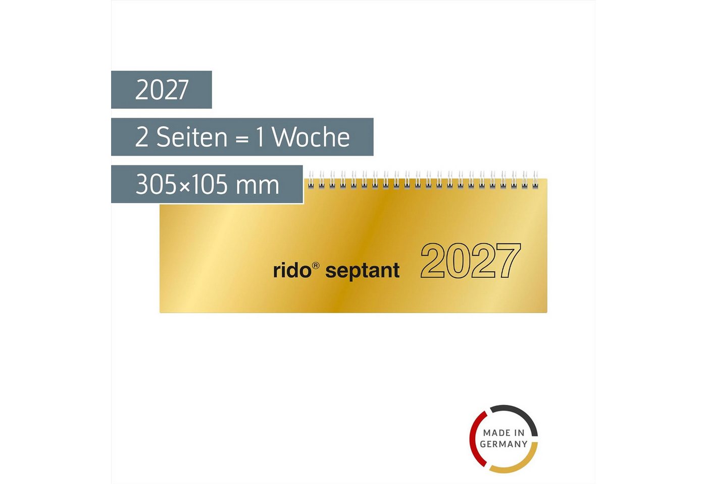 RIDO Querkalender rido/idé Querterminbuch Mod. septant 2027, 305×105 mm, Karton, gold – Bild 2 von 3