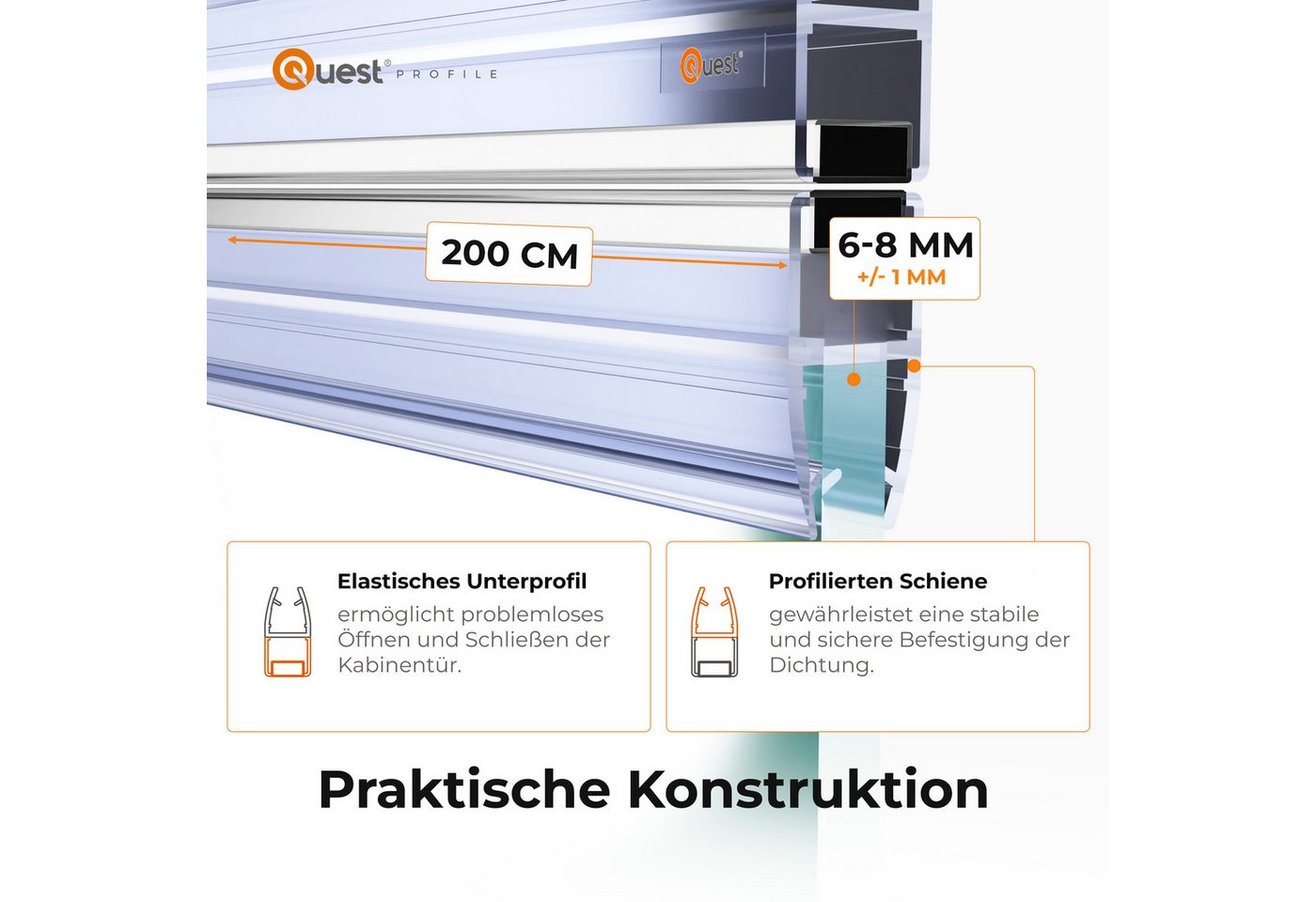 Quest Duschdichtung Magnetdichtung gerade, 200 cm, 2 Stück, L: 200,00 cm, (Packung, 2-St), für 6-8 mm Glas, 200 cm, transparent – Bild 2 von 5