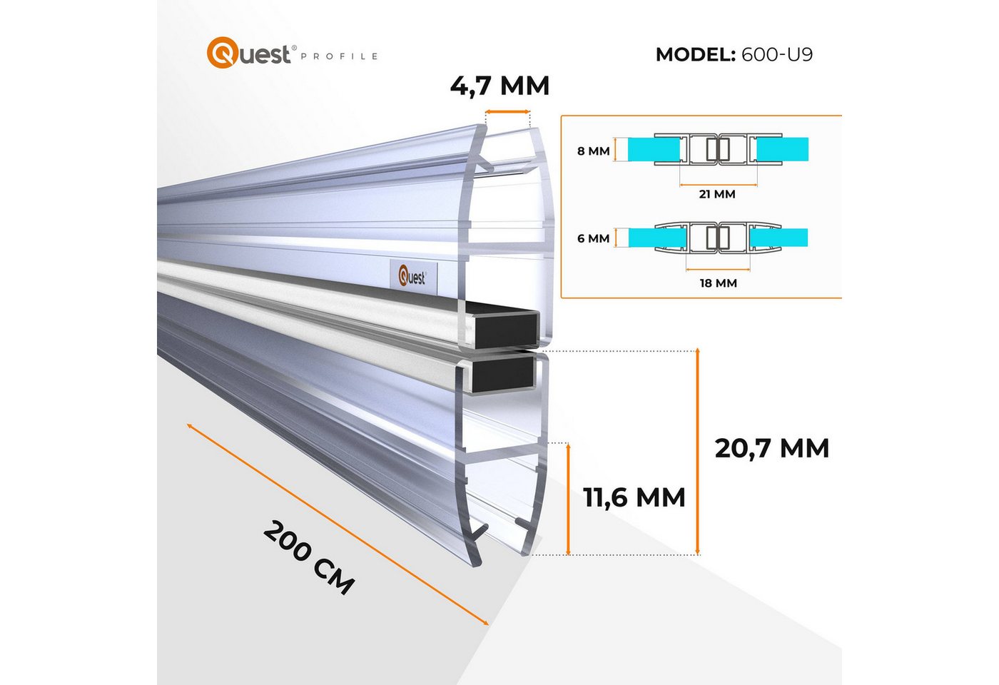 Quest Duschdichtung Magnetdichtung gerade, 200 cm, 2 Stück, L: 200,00 cm, (Packung, 2-St), für 6-8 mm Glas, 200 cm, transparent – Bild 5 von 5