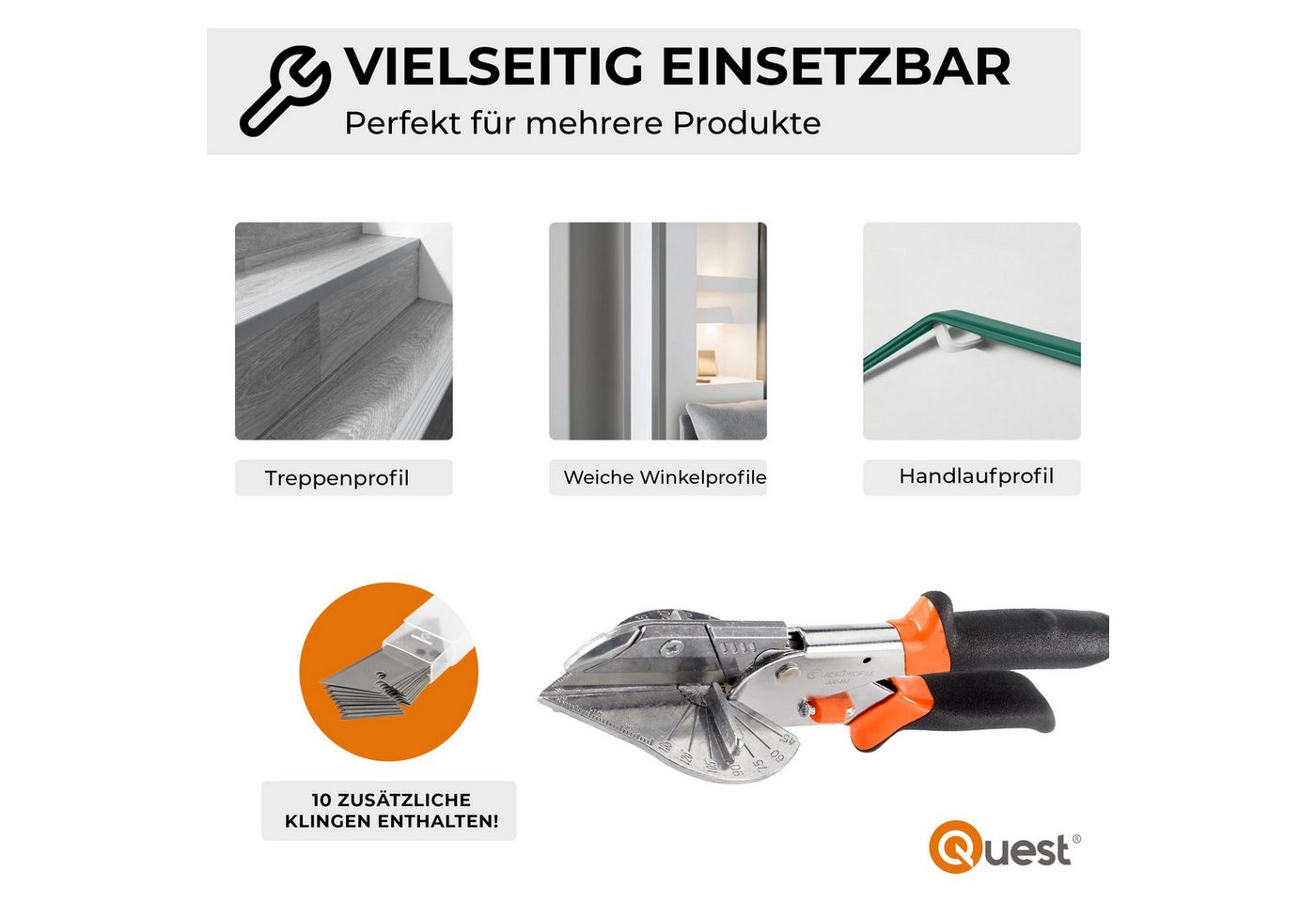 Quest Gehrungsschere 22 cm, Schnittwinkel 45–135°, inkl. 10 Ersatzklingen, Schnittwinkel 45–135°, 22 cm, 10 Ersatzklingen – Bild 5 von 5