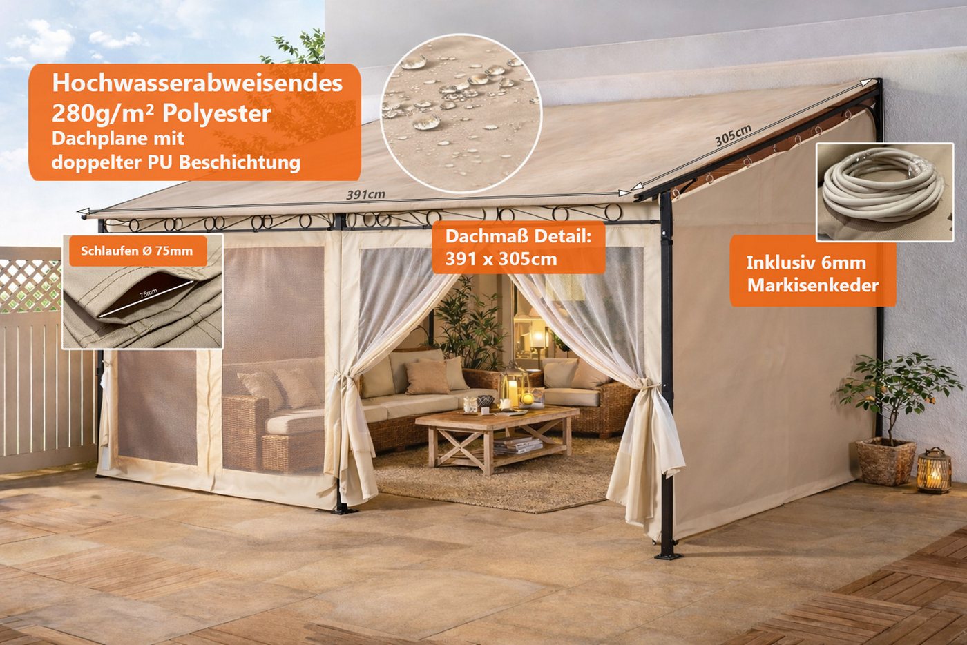 Quick Star Anbaupavillon Ersatzdach Rollpavillon 3x4m Sand, Inklusiv 6mm Kunststoffkeder. – Bild 2 von 5