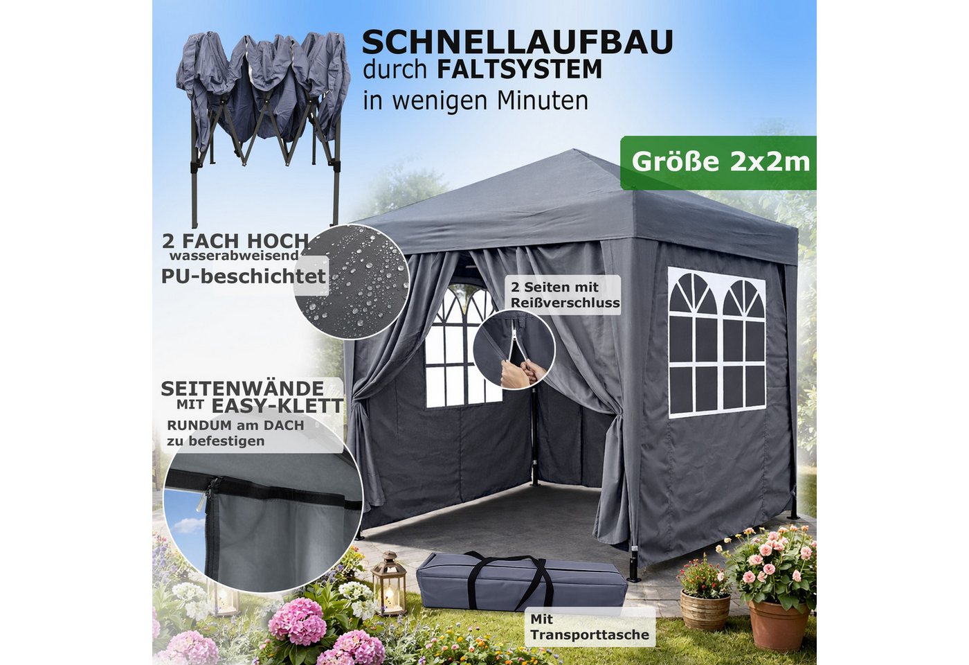 Quick Star Faltpavillon Pop-Up, mit 4 Seitenteilen, (Faltpavillon inklusive Seitenteilen), Maße L/B/H: 200x200x245cm – Bild 2 von 5