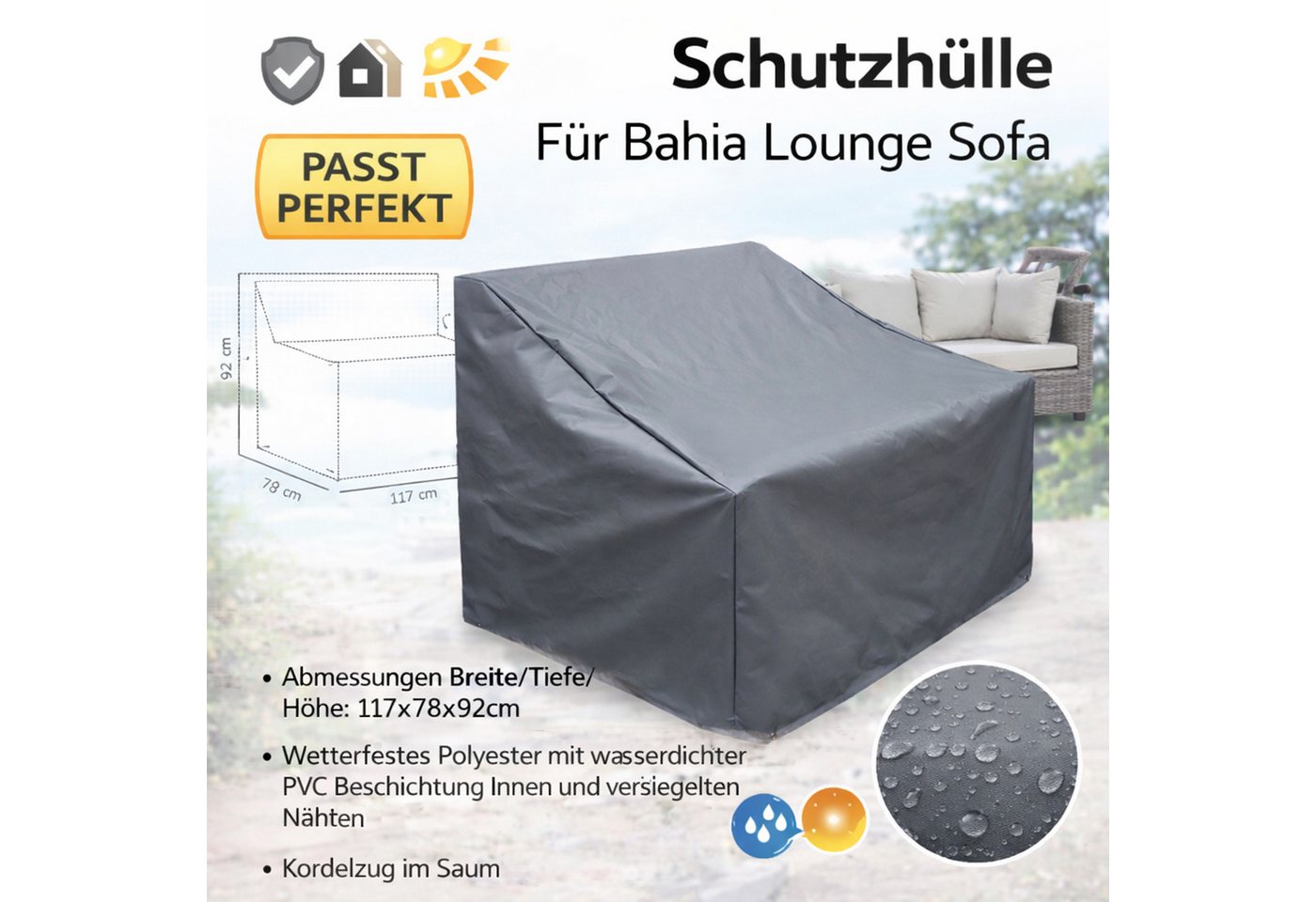 Quick Star Gartenmöbel-Schutzhülle Schutzhülle Bahia Sofa Grau 117x78x92/57cm (1-St), Kordelzug im Saum, wasserdicht versiegelte Nähte – Bild 2 von 5