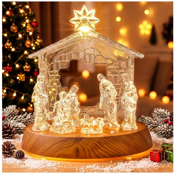 Quntis Beleuchtetes Fensterbild Weihnachtskrippe LED mit Musik Acryl weihnachten deko 3 modi Dekofigur, kabellose Tischdekoration mit Holzfuß, Weihnachtsgeschen