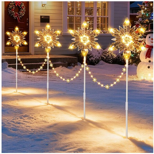 Quntis Lichterkette Weihnachtsdeko LED Sternlichter 4er Set mit Erdspieß und Timerfunktion, Farbwechsel Warmweiß mit 8 Modi für Garten Schneeflocken-Steckleucht