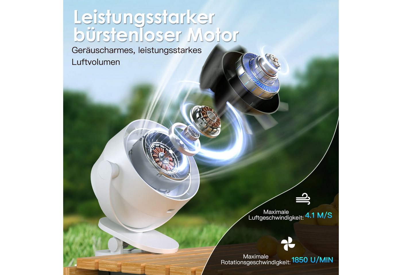 Quntis Mini USB-Ventilator 360° Tischventilator Drehung Tragbarer Clip Ventilator Timer, mit 4000mAh Akku, LED-Display für Büro, Reisen & Outdoor Timer – Bild 2 von 5