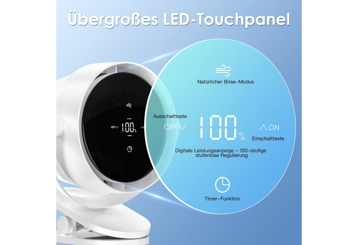 Quntis Mini USB-Ventilator 360° Tischventilator Drehung Tragbarer Clip Ventilator Timer, mit 4000mAh Akku, LED-Display für Büro, Reisen & Outdoor Timer – Bild 3 von 5