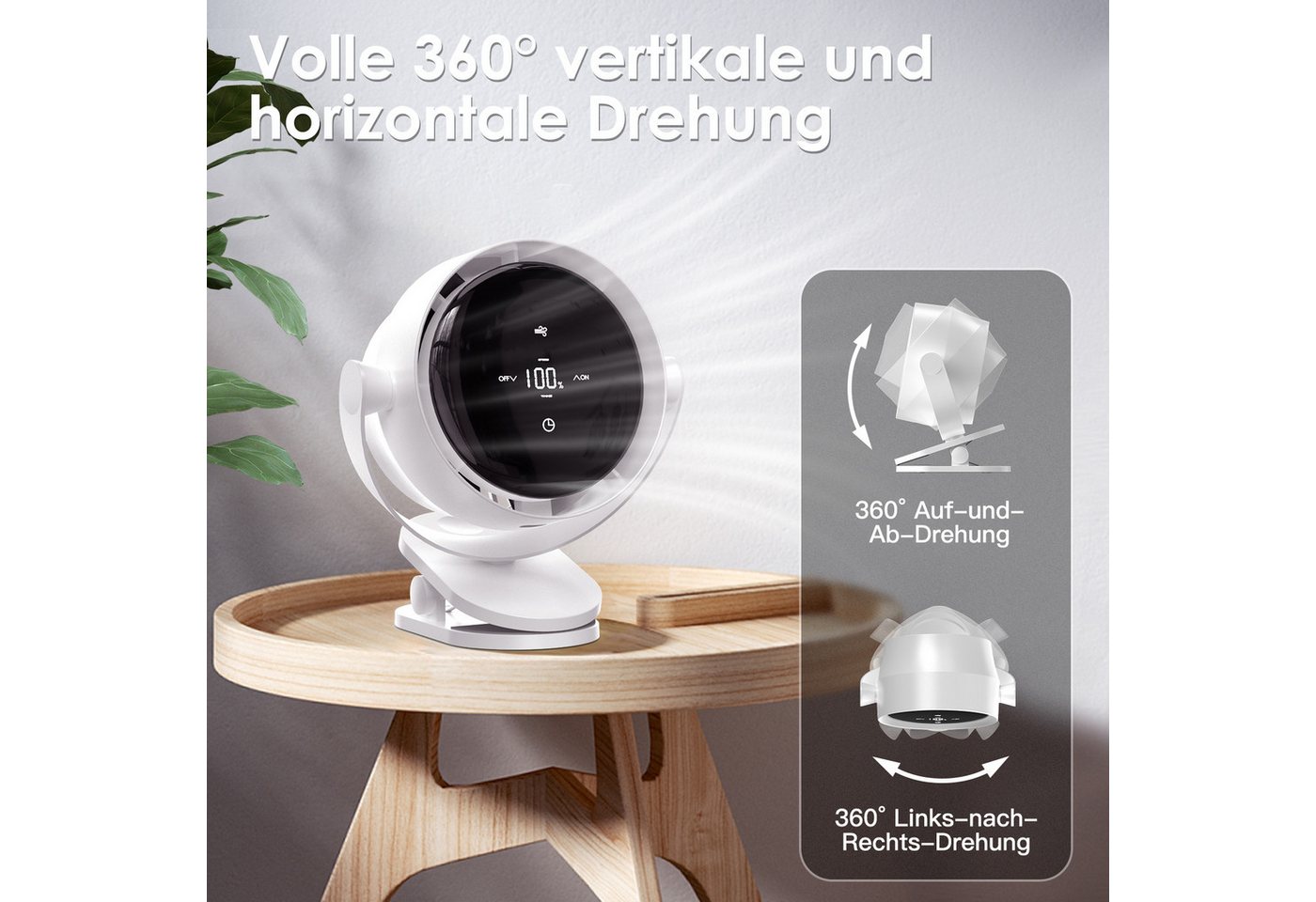 Quntis Mini USB-Ventilator 360° Tischventilator Drehung Tragbarer Clip Ventilator Timer, mit 4000mAh Akku, LED-Display für Büro, Reisen & Outdoor Timer – Bild 5 von 5
