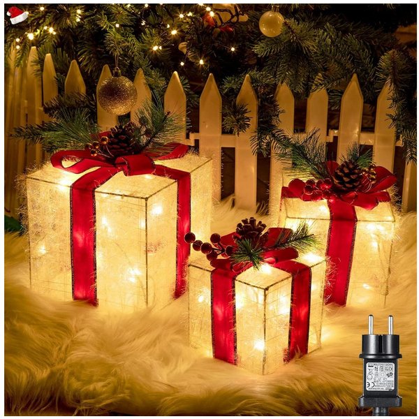 Quntis Weihnachtsfigur 3er Set LED Geschenkbox Weihnachten, Weihnachtsdeko mit Stecker, Timer (3 St), 60 warmweiße LEDs, Weihnachtsbeleuchtung für Baum, Fenster