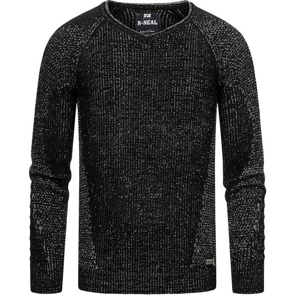 R-NEAL V-Ausschnitt-Pullover V-Neck Ripped Grobstrick Pullover Slim Fit Strick Pullover