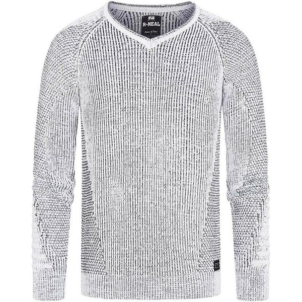 R-NEAL V-Ausschnitt-Pullover V-Neck Ripped Grobstrick Pullover Slim Fit Strick Pullover