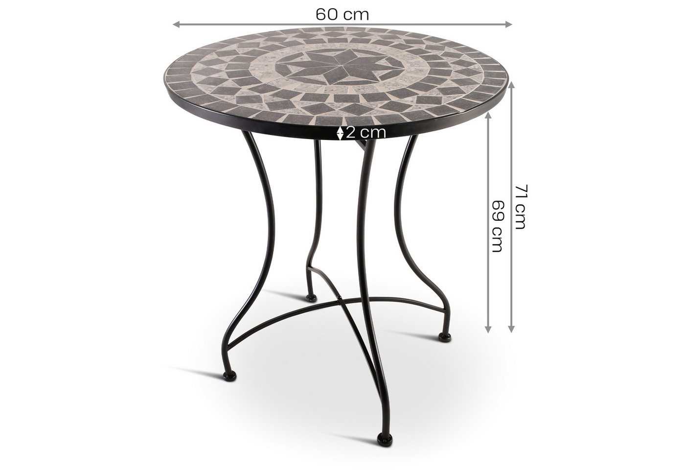 Raburg Gartentisch Mosaiktisch, Balkon- und Terrassentisch, 60 cm Ø, 72 cm hoch, Mayla (rund), liebevolle Handarbeit, Mosaikmuster, schwarzes Metallgestell – Bild 4 von 5