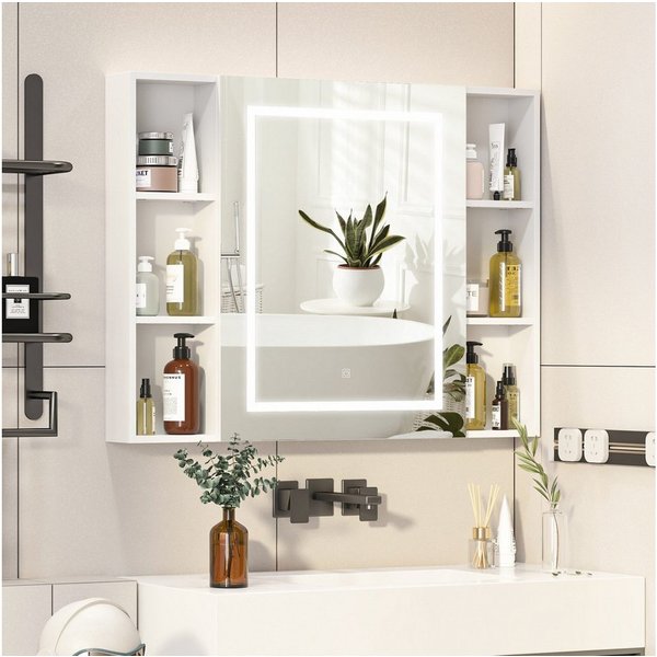 radelldar Badezimmerspiegelschrank mit LED-Beleuchtung & offenen Regalen, 100x76x13,5 cm, Weiß (1-St) Spiegelschrank mit Stauraum, 3 Farben, Dimmbar