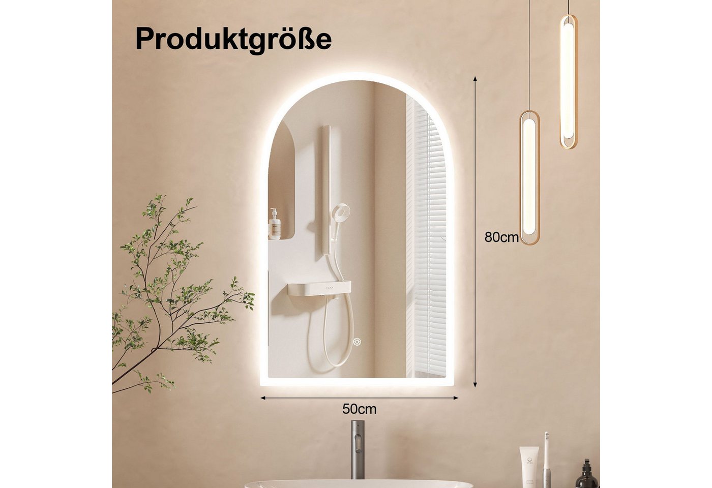 radelldar Badspiegel mit LED-Beleuchtung, 3 Lichtfarben, dimmbar, mit Touch-Steuerung (1-St), LED-Wandspiegel Badezimmerspiegel, 50×80 cm, bogenförmig – Bild 2 von 5