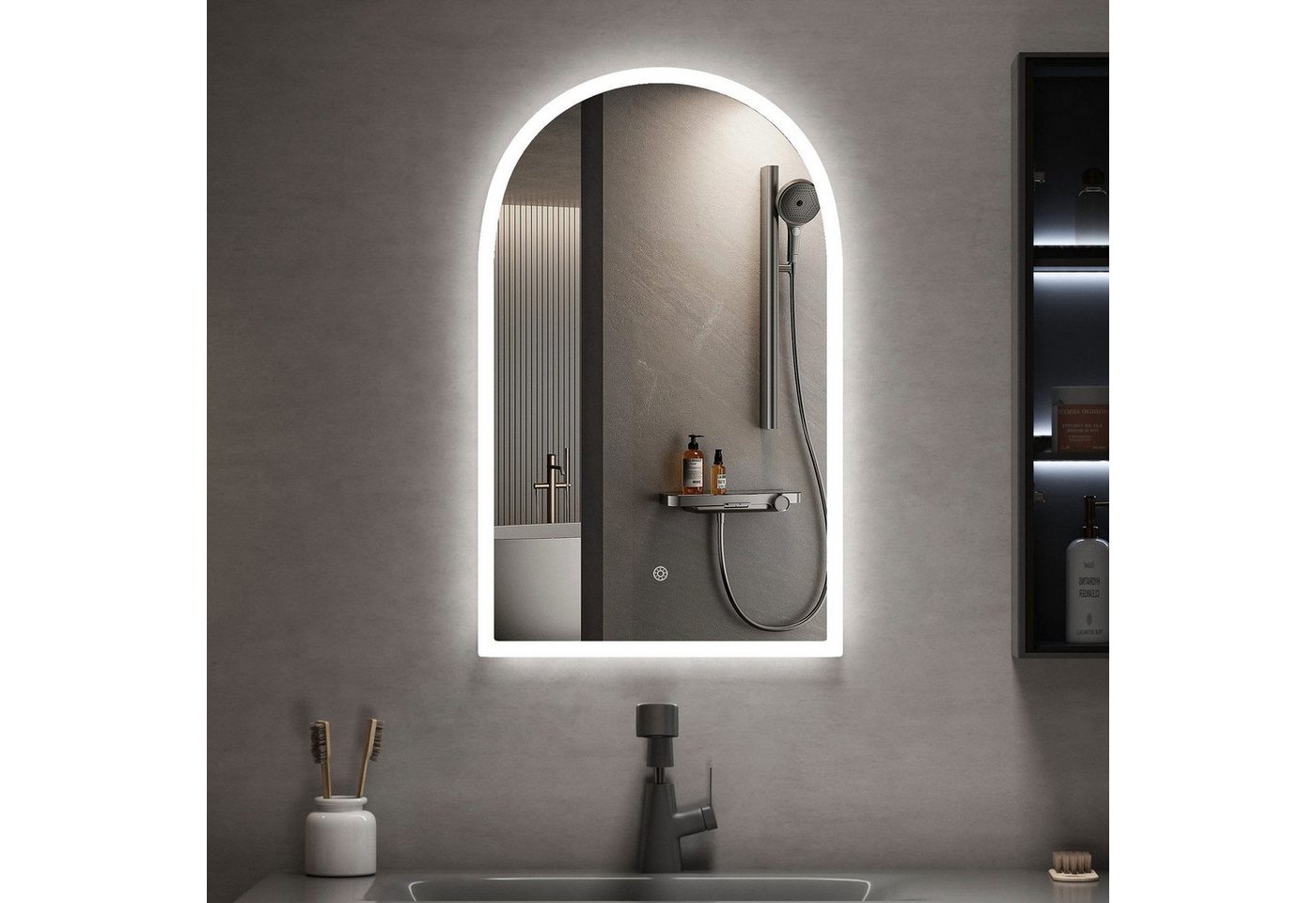 radelldar Badspiegel mit LED-Beleuchtung, 3 Lichtfarben, dimmbar, mit Touch-Steuerung (1-St), LED-Wandspiegel Badezimmerspiegel, 50×80 cm, bogenförmig – Bild 4 von 5